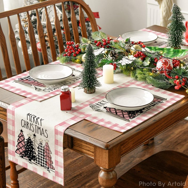 Artoid Mode Waterclor Pink Buffalo Plaid Christmas Trees Placemats Set of 4  12x18 Inch Winter Table Mats for Outdoor Home Party Kitchen Dining Decor - Image 4