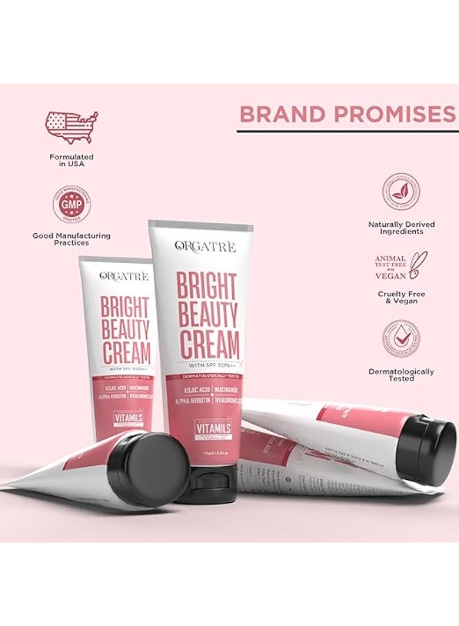 Orgatre Bright Beauty Cream 75gm with SPF 30 PA++ | Non-Oily Daily Moisturizer with Kojic Acid, Niacinamide & Hyaluronic Acid | Mattifying Face Cream for Brightening, Smooth & Hydrated Skin - Image 4
