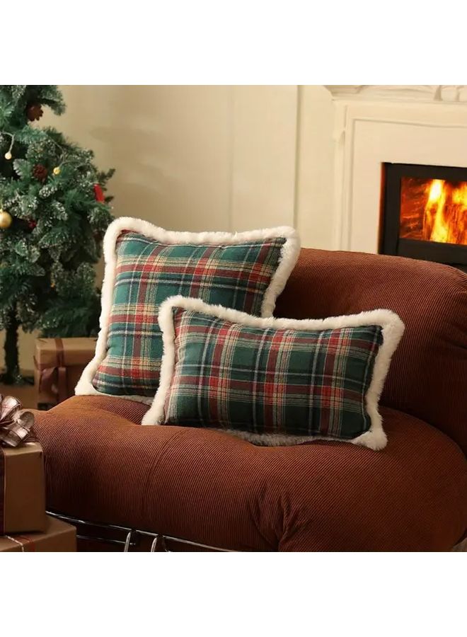 Vintage Tartan Plaid Christmas Pillow Red Green 19.69x11.81 Inch Fleece Trim - Image 3