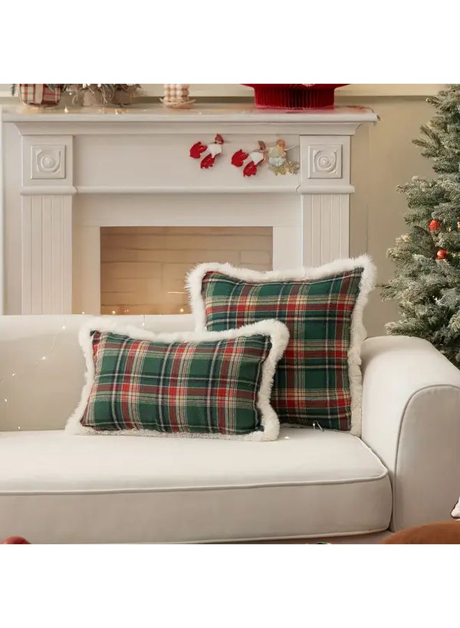 Vintage Tartan Plaid Christmas Pillow Red Green 19.69x11.81 Inch Fleece Trim - Image 2