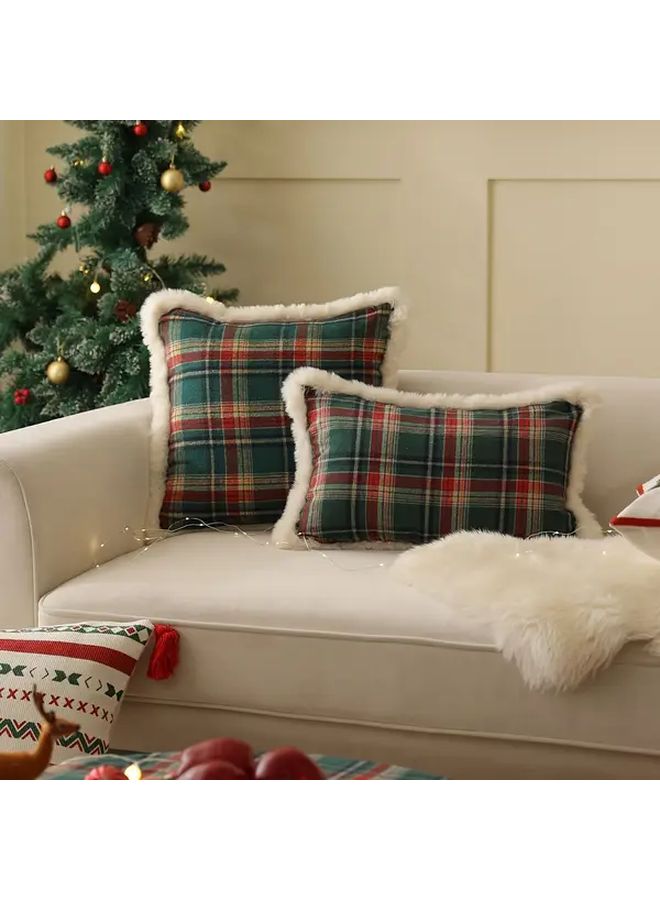 Vintage Tartan Plaid Christmas Pillow Red Green 19.69x11.81 Inch Fleece Trim - Image 5