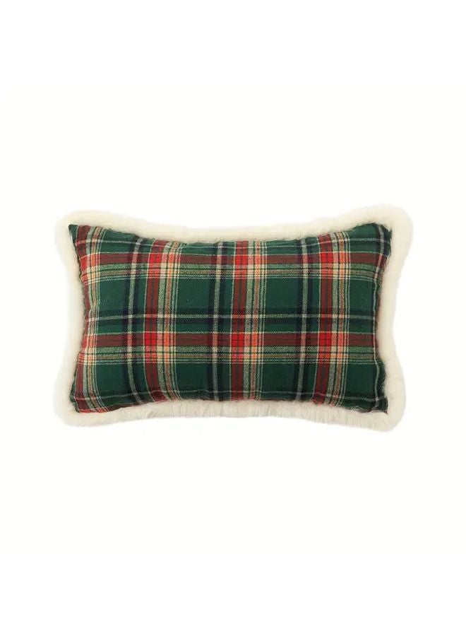 Vintage Tartan Plaid Christmas Pillow Red Green 19.69x11.81 Inch Fleece Trim - Image 1