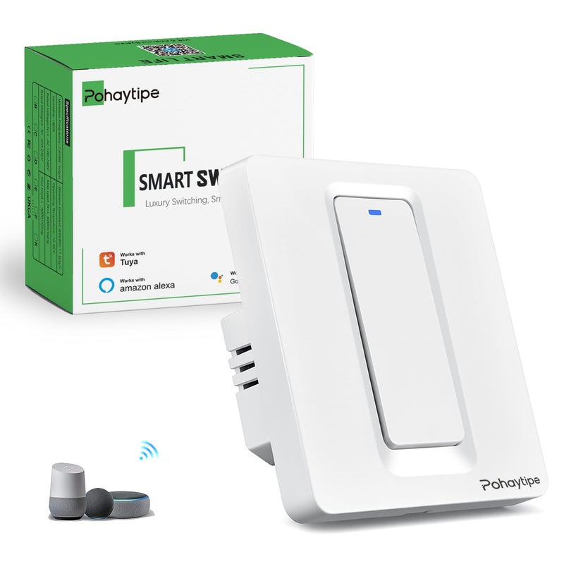 Pohaytipe Smart Push Button Switch, White Smart Panel: Wi-Fi, App & Voice Control (works with Alexa/Google Home), Timer, Countdown, Scene Control (White 1 Gang) - Image 1