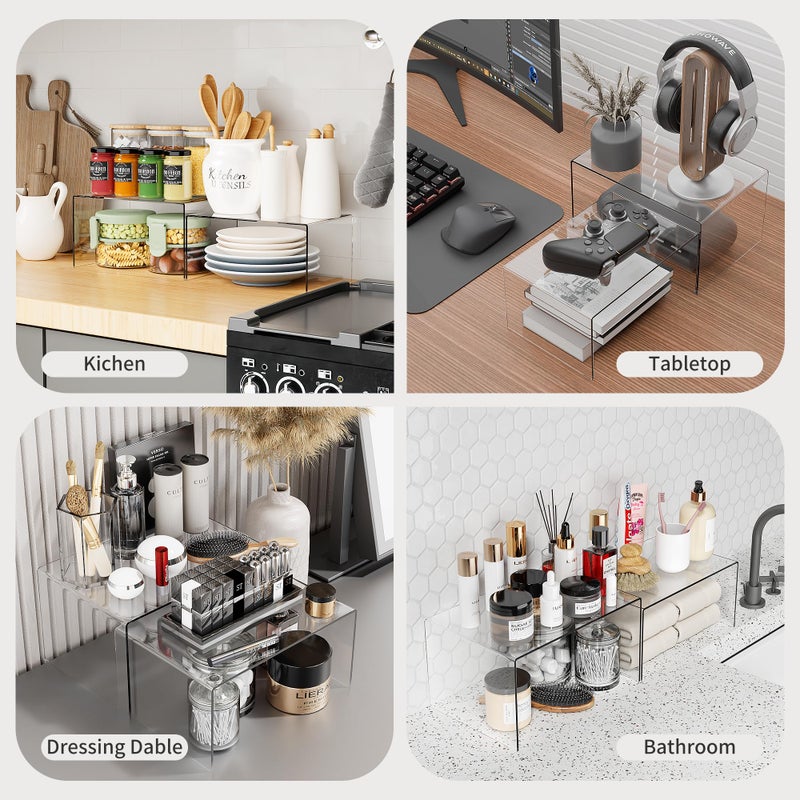 Yakaly Clear Acrylic Kitchen Cabinet Risers Set of 2 - Anti-Slip Stackable Shelf Organizers, Space Saving Shelves for Counter Display & Spice Organization - Image 5