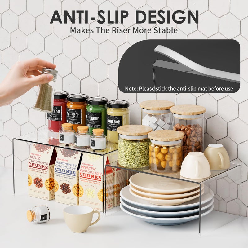 Yakaly Clear Acrylic Kitchen Cabinet Risers Set of 2 - Anti-Slip Stackable Shelf Organizers, Space Saving Shelves for Counter Display & Spice Organization - Image 3