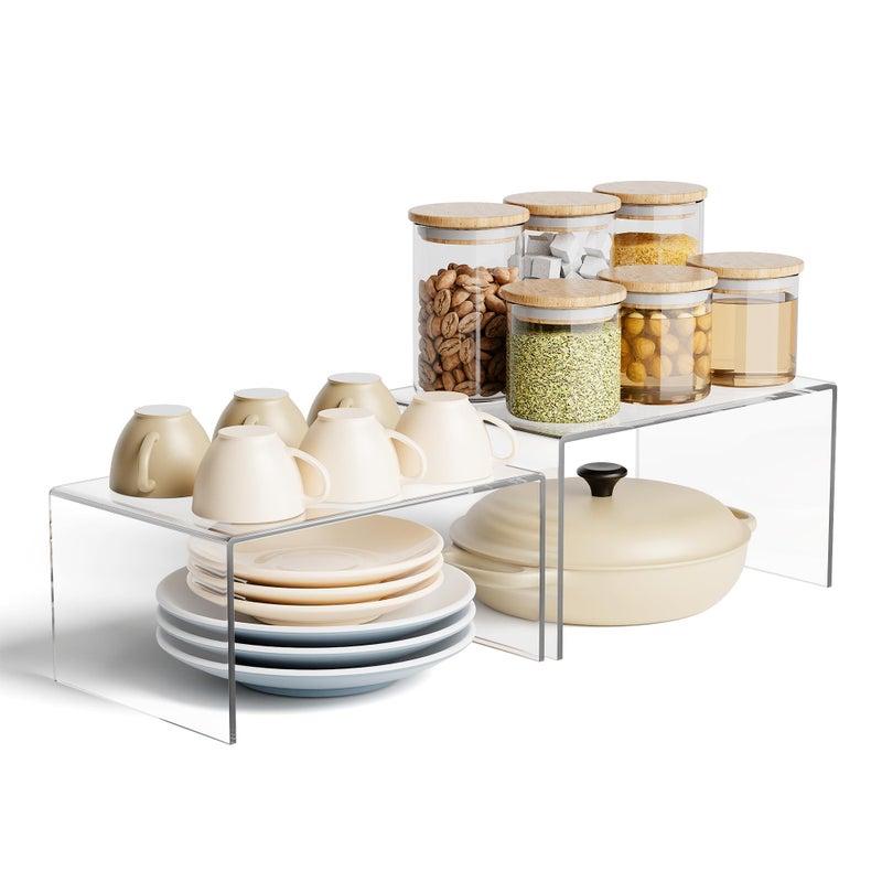 Yakaly Clear Acrylic Kitchen Cabinet Risers Set of 2 - Anti-Slip Stackable Shelf Organizers, Space Saving Shelves for Counter Display & Spice Organization - Image 1