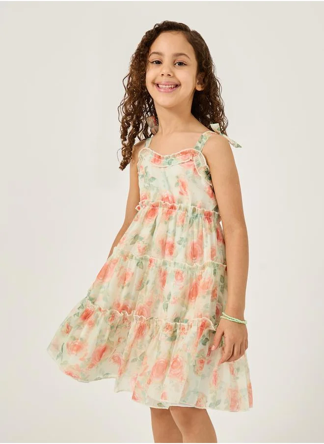 Styli Floral Print Ruffled Organza Dress