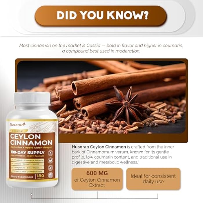 NUSORAN Ultra Ceylon Cinnamon - 13-in-1 with Berberine, Apple Cider Vinegar, Turmeric, Bitter Melon - Max Absorption - 180 Capsules - Non-GMO, Gluten-Free, Lab Tested - Image 2