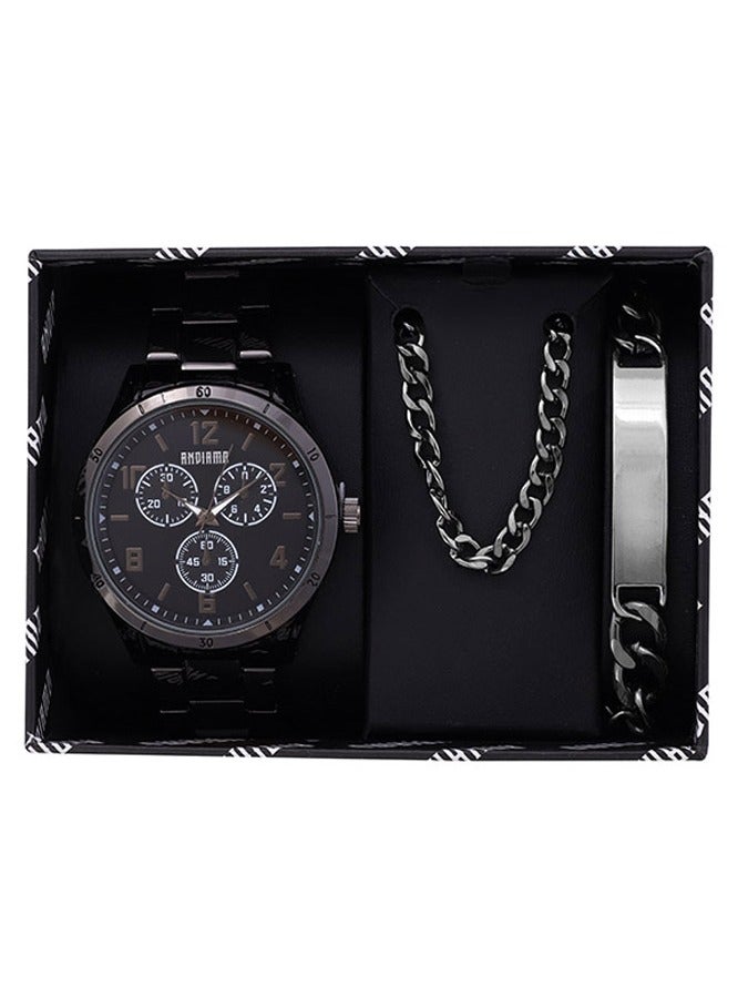 ANDIAMO Men's Analog Black Case Black Metal Strap Set Watch 
