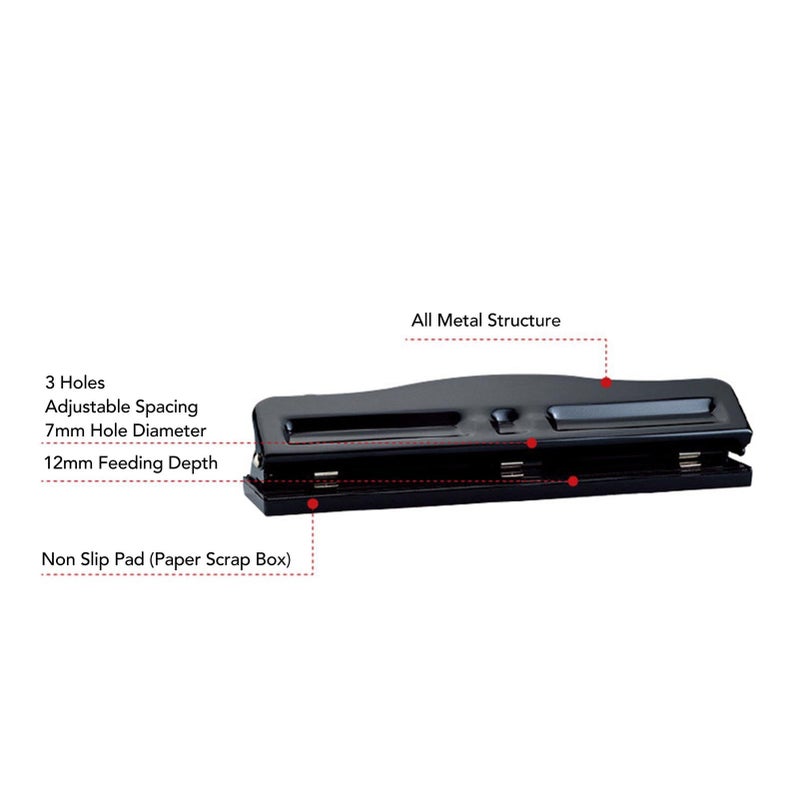 Manual 3 Hole Punch For A4 Paper Metal Adjustable 7mm Spacing Black Tool - Image 4