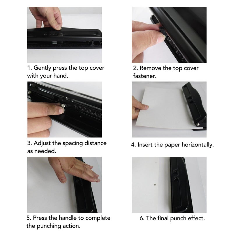 Manual 3 Hole Punch For A4 Paper Metal Adjustable 7mm Spacing Black Tool - Image 3