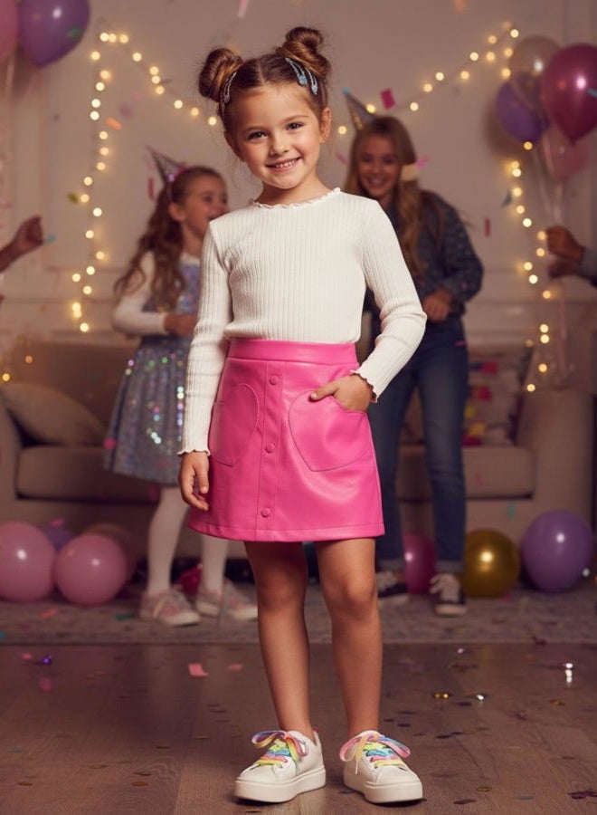 WELAKEN Faux Leather Heart Skirt for Girls Toddler & Kids II Girl's A Line Skirt with Two Front Pockets - Image 3