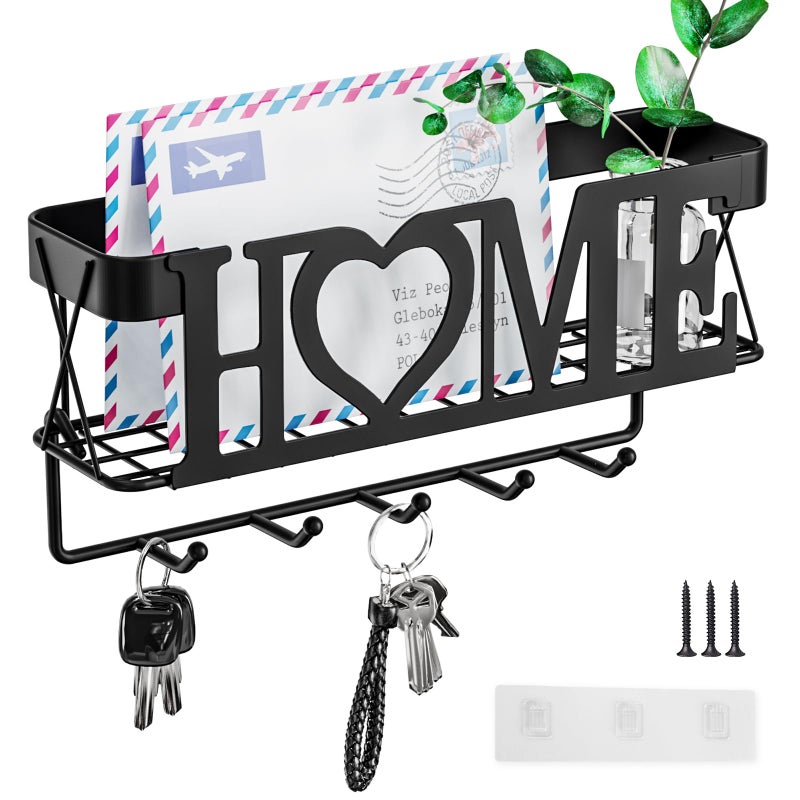 OHOBABY Key Holder for Wall - Key Rack with 5 Key Hooks, 11.02" LÃ—2.75" WÃ—4.92" H, Key and Mail Organizer Wall Mount with Mesh Basket, Key Hanger for Wall, Entryway, Home Decor(Matte Black) - Image 1