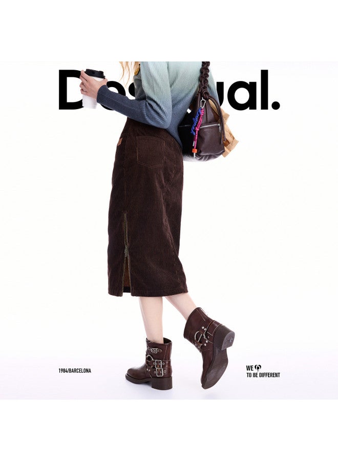 DESIGUAL 25 Autumn/Winter New Collection Two-Tone Corduroy Zipper Slit Straight Skirt - Image 2