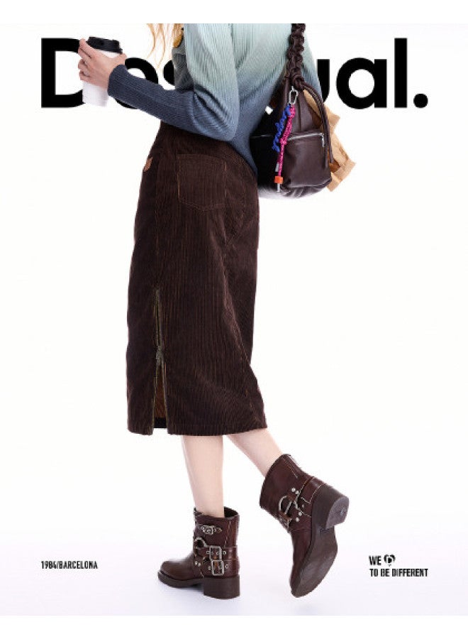 DESIGUAL 25 Autumn/Winter New Collection Two-Tone Corduroy Zipper Slit Straight Skirt - Image 1