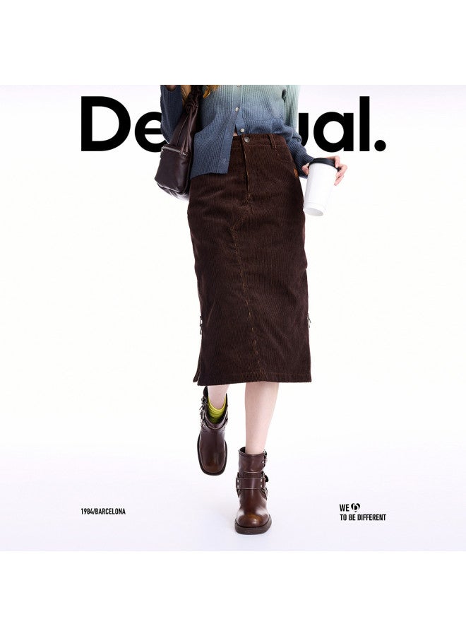 DESIGUAL 25 Autumn/Winter New Collection Two-Tone Corduroy Zipper Slit Straight Skirt - Image 5