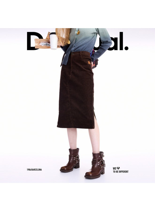 DESIGUAL 25 Autumn/Winter New Collection Two-Tone Corduroy Zipper Slit Straight Skirt - Image 4