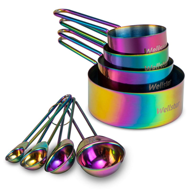 WELLSTAR Measuring Cups and Spoons Set of 8 Food Grade 188 Stainless Steel Measure set for Dry Liquid Measurement Rainbow Titanium Coated Kitchen Gadgets for Cooking Baking 4 Cup and 4 Spoon
