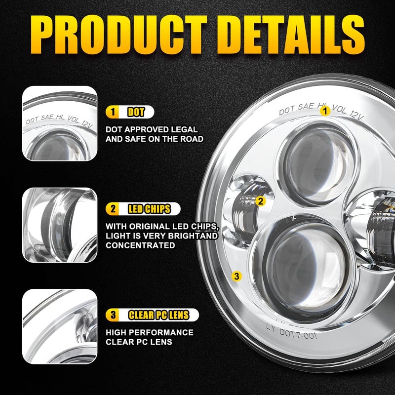 LX-LIGHT 1000% Bright 7 Inch LED Headlights Anti-glare Round H6024 LED Headlight Compatible with Jeep Wrangler JK JKU TJ LJ Chevy Ford GMC Dodge etc DOT Approved Hi/Low Sealed Beam Chrome - Image 3