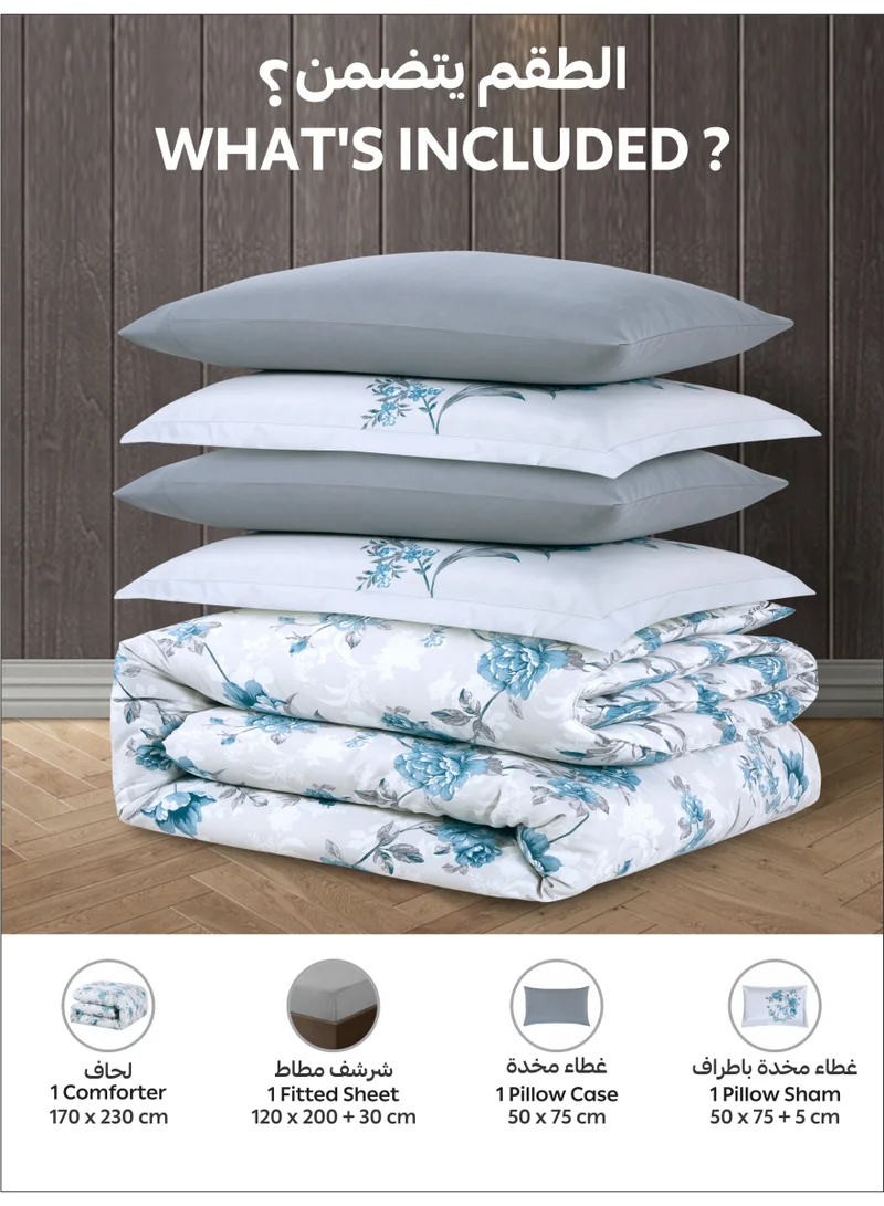 Donetella Bedding Comforter Set Single Size, 4-Pcs Bed Set Fits 120x200 Cms -Printed Bedding Set-All Season- Brushed Microfiber (طقم مفرش سرير فندقي)