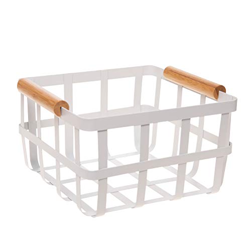 Simplify Square Metal Storage Basket with Bamboo Handles  Medium  Farmhouse Style Wire Basket  Home Organizer  Decorative  Rustic  White