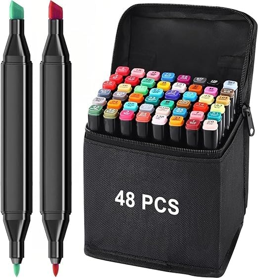 VYOM TRADING Dual Tip Markers Colorful Art Markers Sketch Pens 48 Colours With Carrying Case For painting Sketching Calligraphy Drawing- Twin Head Permanet Colouring Marker Pens For Kids Adult - Image 1