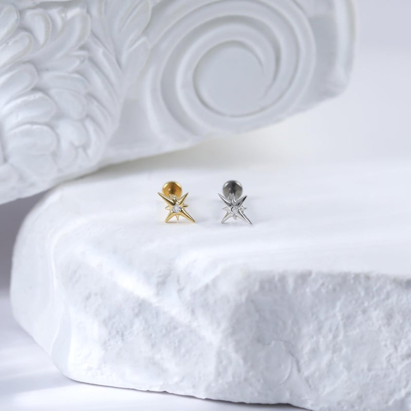 ShineRose Flat Back Stud Cartilage Tragus Helix Nose Piercing Earrings Jewelry For Women Conch Threadless 18G Titanium Surgical Steel Hypoallergenic 14K Gold plated CZ Silver Small Tiny Studs (Silver-18G(Internally Threaded), Starbust (6mm*1+8mm*1)) - Image 5