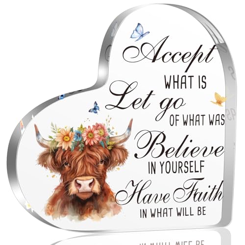 YAANUNULU Highland Cow Inspirational Acrylic Sign Decorations Gifts for Women, Let Go Accept Believe Have faith Positive Quotes Highland Cow Decor for Bathroom Bedroom Living Room - Image 1