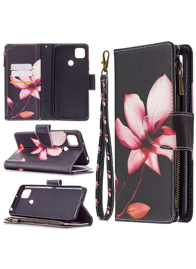HuHa Case Cover For Xiaomi Redmi 9C Colored Drawing Pattern Zipper Horizontal Flip Leather Case with Holder & Card Slots & Wallet Lotus 