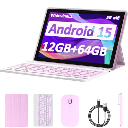 CUPEISI Tablet Android 15, 10 inch 12GB RAM+64GB ROM/1TB Expand, 2 in 1 Tablets with Keyboard Case Mouse Stylus, 1.8GHz Quad-core Processor, 1280*800 IPS HD Touch Screen, 8MP Camera, 5G Wi-Fi 6 BT5.0 Computer - Image 1