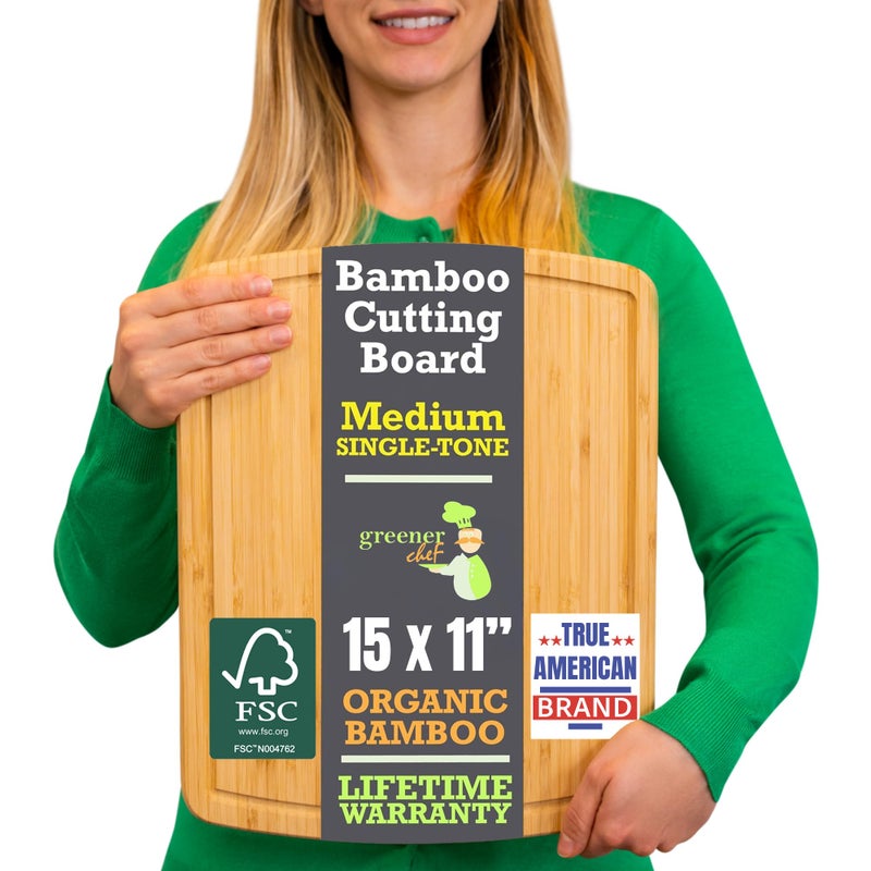 GREENER CHEF 15 Inch Bamboo Cutting Board with Lifetime Replacements Medium Wooden Chopping Board for Kitchen Butcher Block Meat Vegetables Charcuterie and Cheese Board