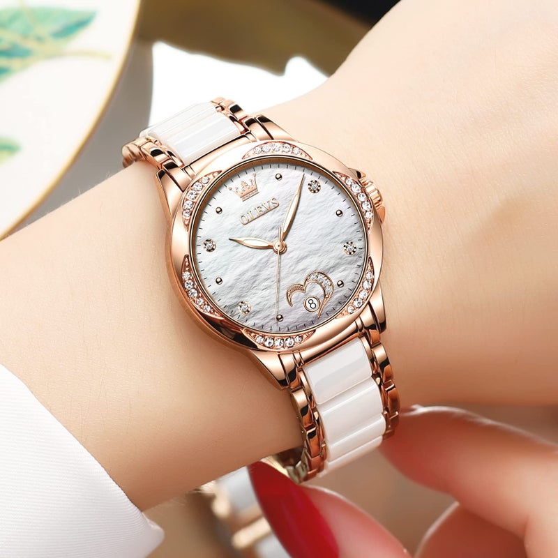 OLEVS Automatic Self Winding Watch for Women Rose Gold Stainless Steel Heart Diamond Womens Ceramic Watches Large Face White Mother of Pearl Waterproof Date Ladies Watch for Women Two Tone Bracelet - Image 2