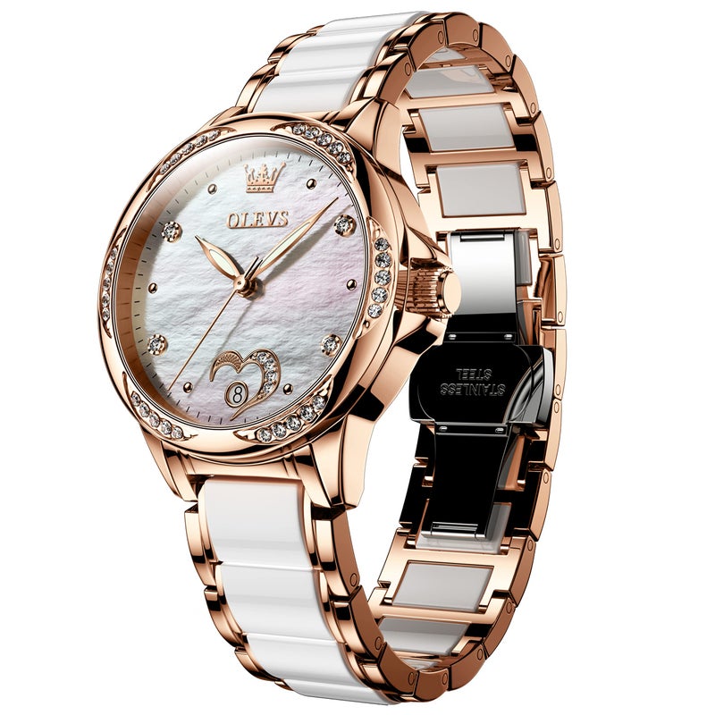 OLEVS Automatic Self Winding Watch for Women Rose Gold Stainless Steel Heart Diamond Womens Ceramic Watches Large Face White Mother of Pearl Waterproof Date Ladies Watch for Women Two Tone Bracelet - Image 1