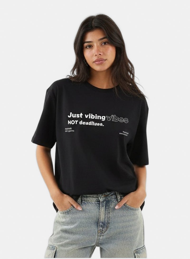RAVIN Women Black 'Just Vibing' Oversized Graphic Tee - Image 1