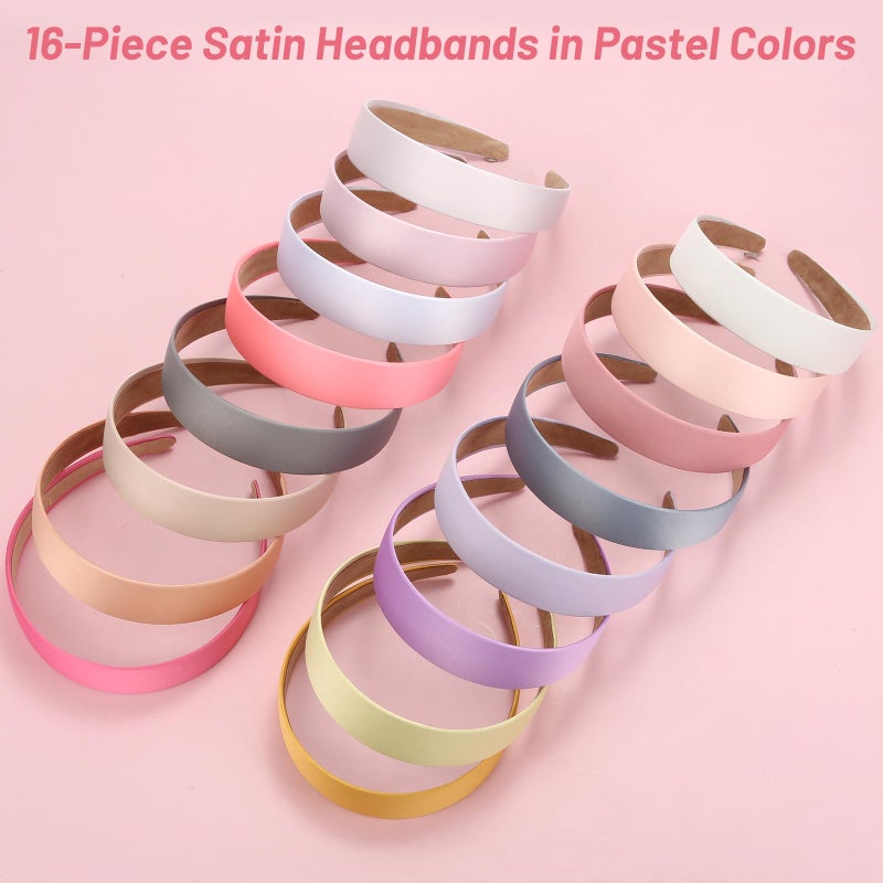 anezus 16 Pcs Satin Headbands Bulk 1 Inch Anti-slip Ribbon Hair Bands Plain Hard Headbands for Women Girls DIY Craft Hair Accessories (Pastel Color) - Image 2