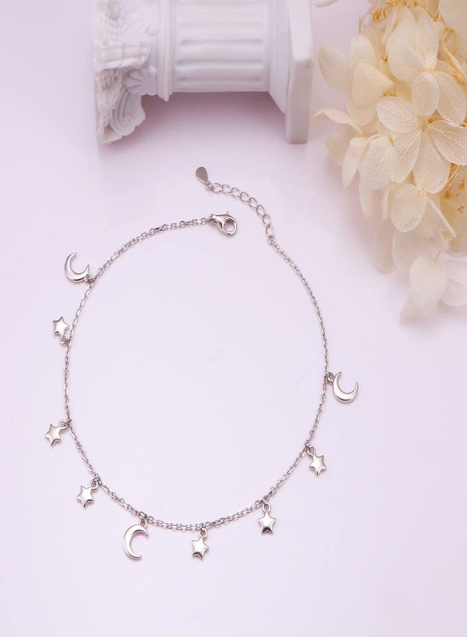 DAOCHONG Ankle Bracelets for Women 925 Sterling Silver Adjustable Moon Star Anklets Charm Foot Bracelet Anklets for Women 9+1 inch - Image 3