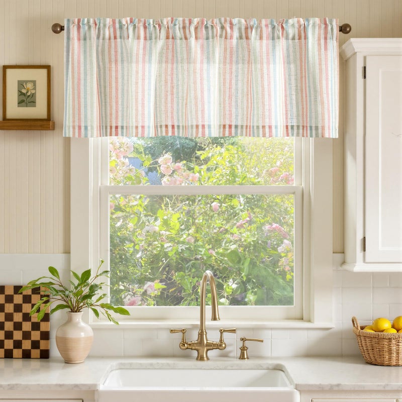 jinchan Valance Curtain Linen Textured Striped Window Curtain for Living Room Light Filtering Ticking Stripe Farmhouse Valance for Kitchen Rod Pocket 1 Panel 16 Inch Candy on Beige 1 Panel - Image 2