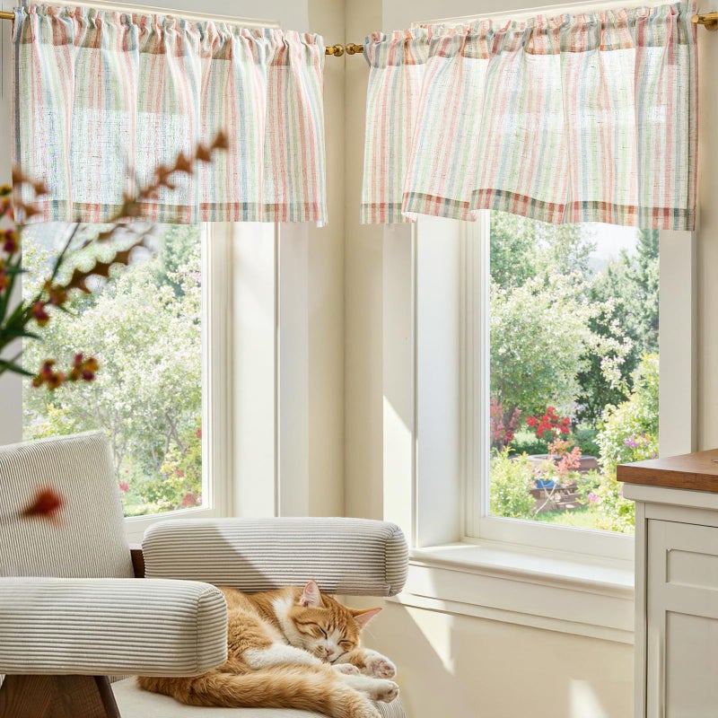 jinchan Valance Curtain Linen Textured Striped Window Curtain for Living Room Light Filtering Ticking Stripe Farmhouse Valance for Kitchen Rod Pocket 1 Panel 16 Inch Candy on Beige 1 Panel - Image 3