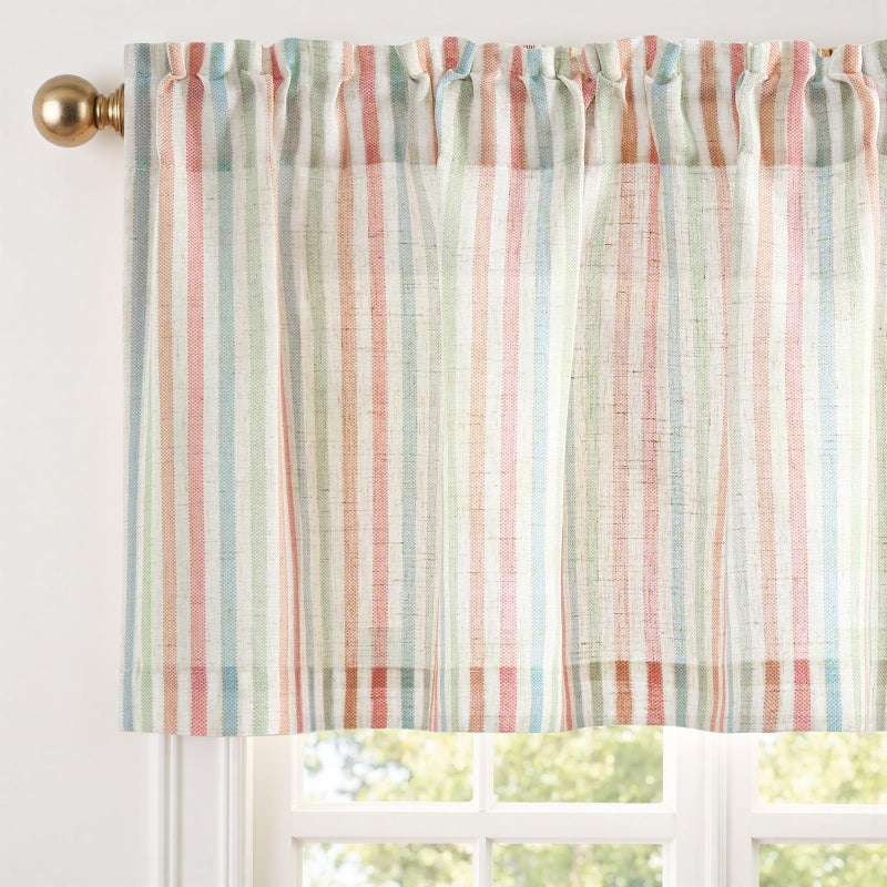 jinchan Valance Curtain Linen Textured Striped Window Curtain for Living Room Light Filtering Ticking Stripe Farmhouse Valance for Kitchen Rod Pocket 1 Panel 16 Inch Candy on Beige 1 Panel - Image 1