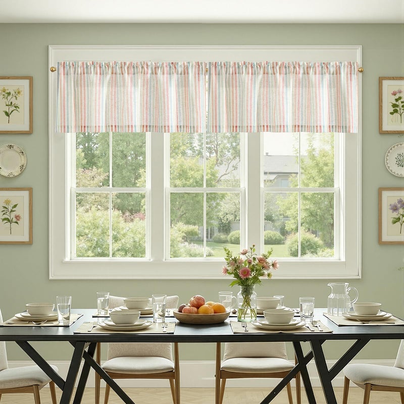 jinchan Valance Curtain Linen Textured Striped Window Curtain for Living Room Light Filtering Ticking Stripe Farmhouse Valance for Kitchen Rod Pocket 1 Panel 16 Inch Candy on Beige 1 Panel - Image 5