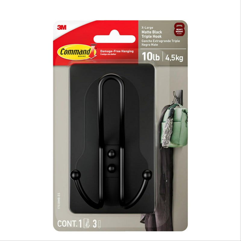 Command X-Large Matte Black Triple Hook, 1 Hook, 3 Strips, Damage-Free Hanging with Adhesive Strips, No Tools Wall Hook for Hanging Decorations in Living Spaces - Image 1