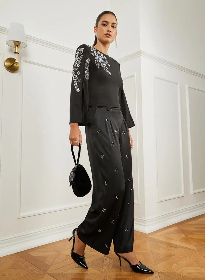 Styli Black Shoulder Padded Slit Sleeve Embellished Top