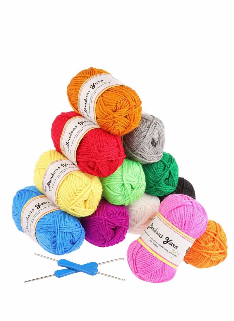 KASTWAVE 12X 50g Acrylic Knitting Yarn Skeins - Double Knitting Assorted Color Yarn Pack with Crochet Hook for Any Crochet and Knitting Mini Project DIY  - Image 1