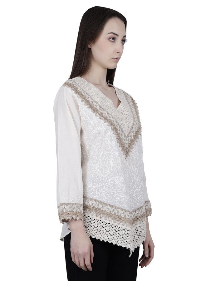 Ukal Hand Embroidered Top/Full Sleeves Cotton Tunic/Summer Short Ethnic Chikan Relaxed Fit Kurti/Boho Short Ethnic Dress for Women - Image 3
