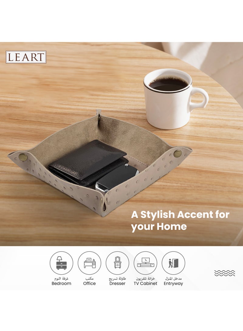 LeArt Leather Valet Tray - Small & Compact Catchall Tray | Desk, Bedside, Home Entrance Entryway Organizer | Leather Tray for Keys, Coins, Stationary, Jewellery (Sand | Ostrich Texture) - Image 3