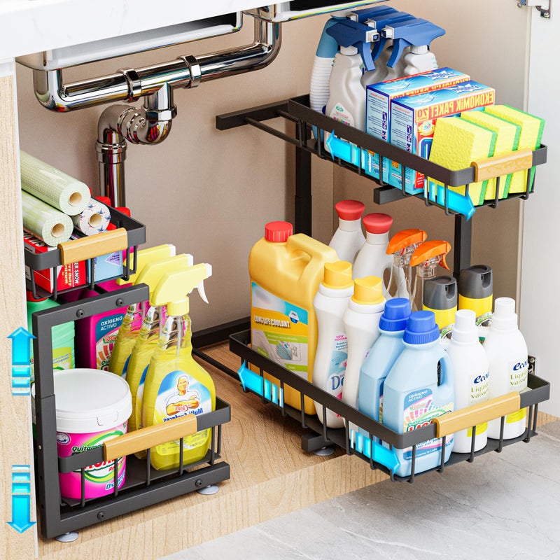 ADBIU Under Sink Organizer 2 Pack, 2 Tier Pull Out Cabinet Organizer with Expandable Height (13.2"-17.2"), Slide Out Metal Storage Shelves for Kitchen, Bathroom, Pantry and Under Cabinet - Image 1