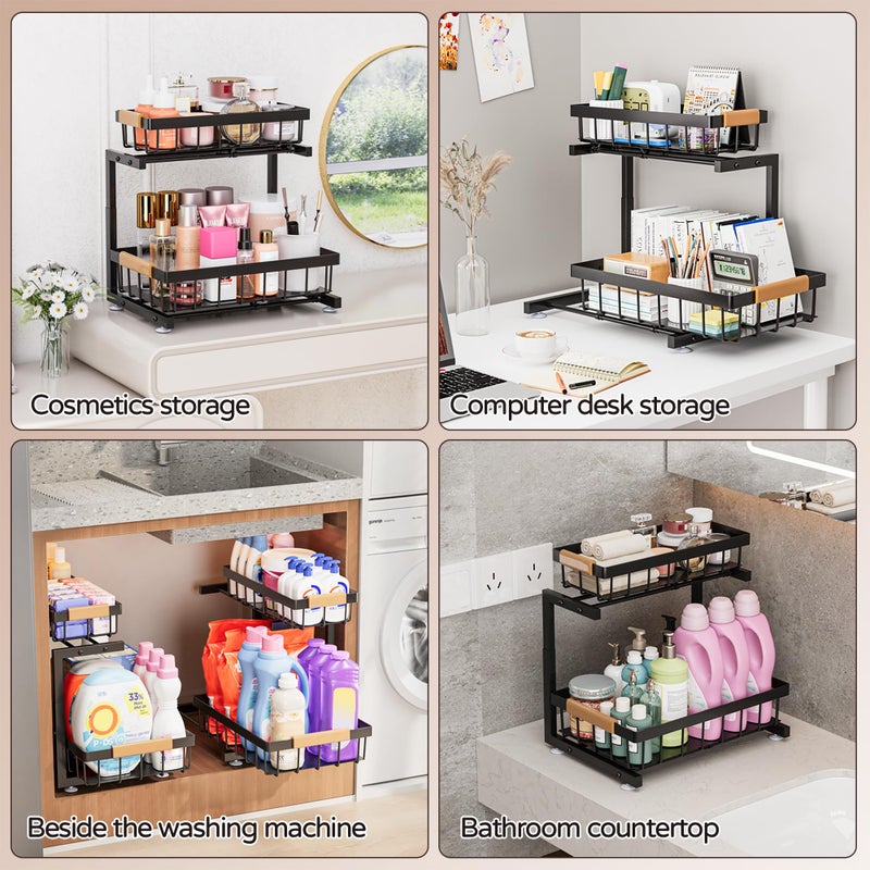ADBIU Under Sink Organizer 2 Pack, 2 Tier Pull Out Cabinet Organizer with Expandable Height (13.2"-17.2"), Slide Out Metal Storage Shelves for Kitchen, Bathroom, Pantry and Under Cabinet - Image 5