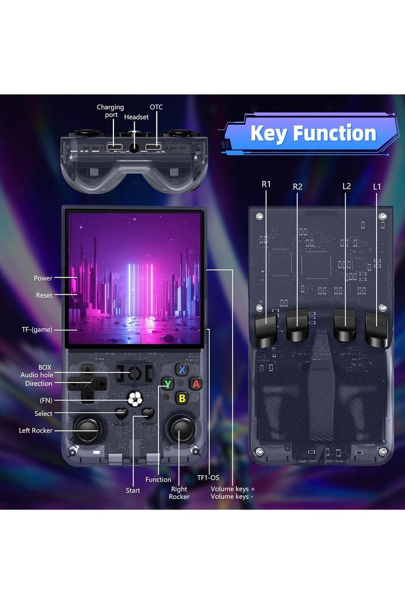 JAJEEK R36 Max Game Console 4 Inch Full IPS Screen Portable Retro Handheld Game Console Built-in 18000+ Games With Open Source Linux System & 64GB Memory Card Video Games Console Support 30+ Simulator Platform 4000mAh Battery Toys And Games For Kids And Adults Transparent Grey - Image 3