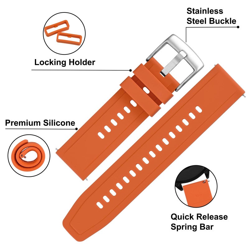 BISONSTRAP 22mm Silicone Watch Bands, Flexible Rubber Watch Straps for Men and Women, Orange with Silver Buckle - Image 4