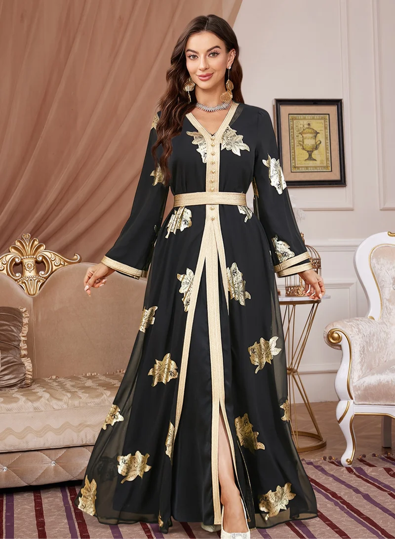 Madam Uniq Fashionable Black Abaya with Gold Foil – Women's Long Robe